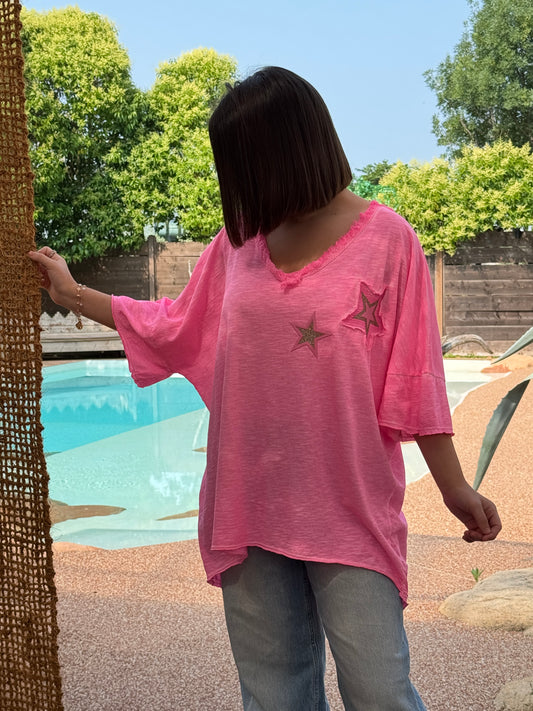 NATHAN - T-SHIRT OVERSIZE FUCHSIA A MOTIF JUSQU'A LA TAILLE 54