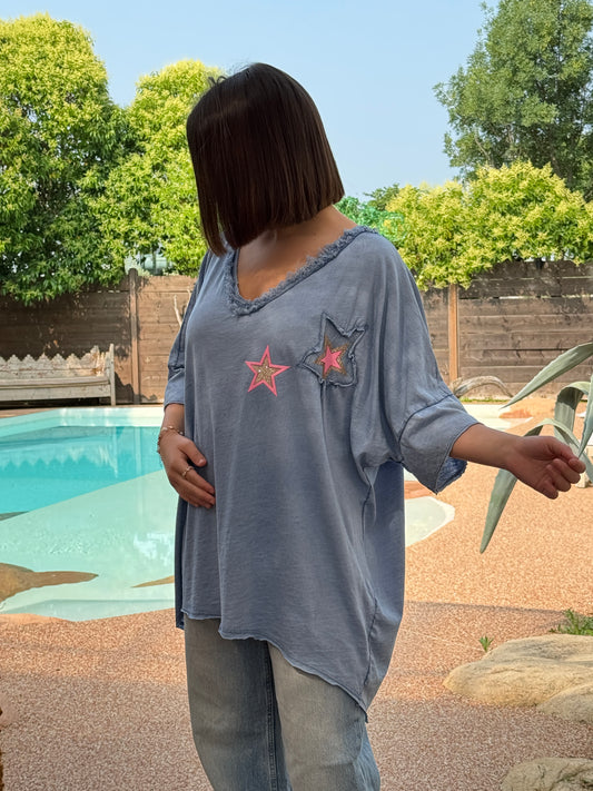 NATHAN - T-SHIRT OVERSIZE BLEU A MOTIF JUSQU'A LA TAILLE 54