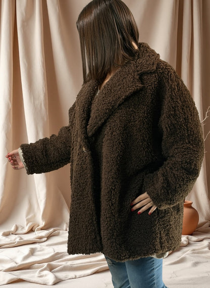 CHOUCHOU - VESTE MARRON OVERSIZE EN MOUMOUTE JUSQU'A LA TAILLE 54