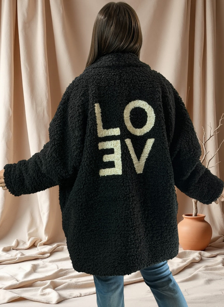 CHOUCHOU - VESTE NOIRE OVERSIZE EN MOUMOUTE JUSQU'A LA TAILLE 54