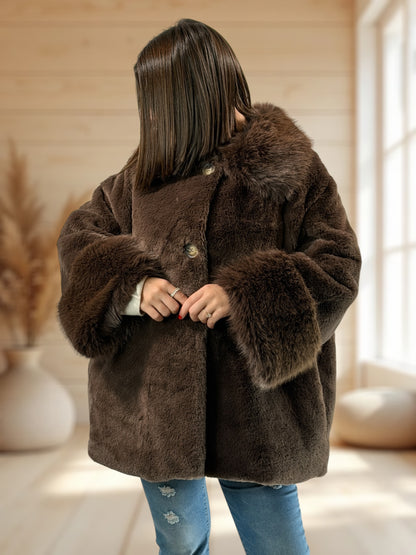 COURCHEVEL - VESTE MARRON OVERSIZE EN FAUSSE FOURRURE JUSQU'A LA TAILLE 54