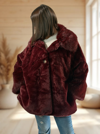 COURCHEVEL - VESTE BORDEAUX OVERSIZE EN FAUSSE FOURRURE JUSQU'A LA TAILLE 54