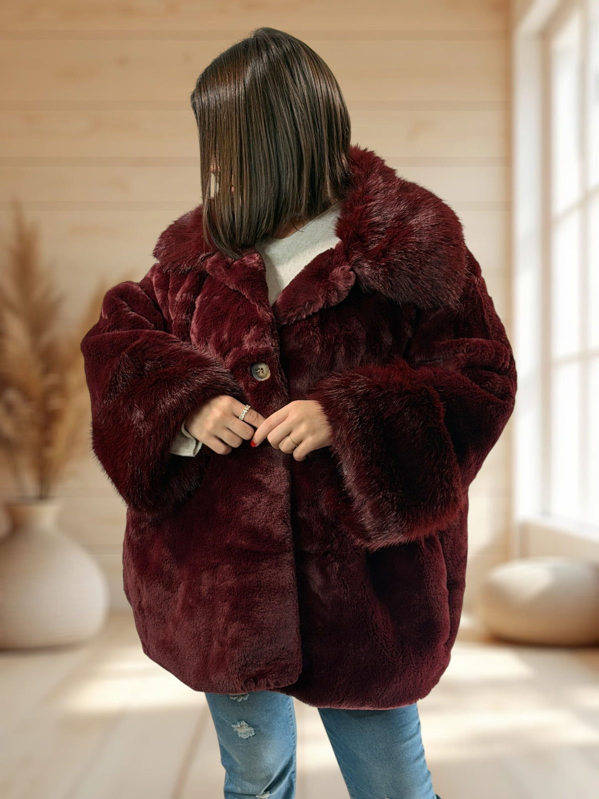 COURCHEVEL - VESTE BORDEAUX OVERSIZE EN FAUSSE FOURRURE JUSQU'A LA TAILLE 54