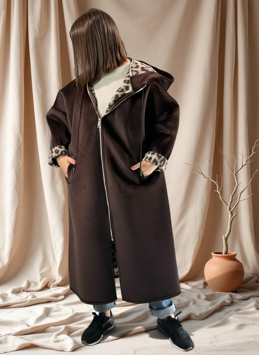 ERIKO - MANTEAU MARRON A CAPUCHE JUSQU'A LA TAILLE 48/50 A 54