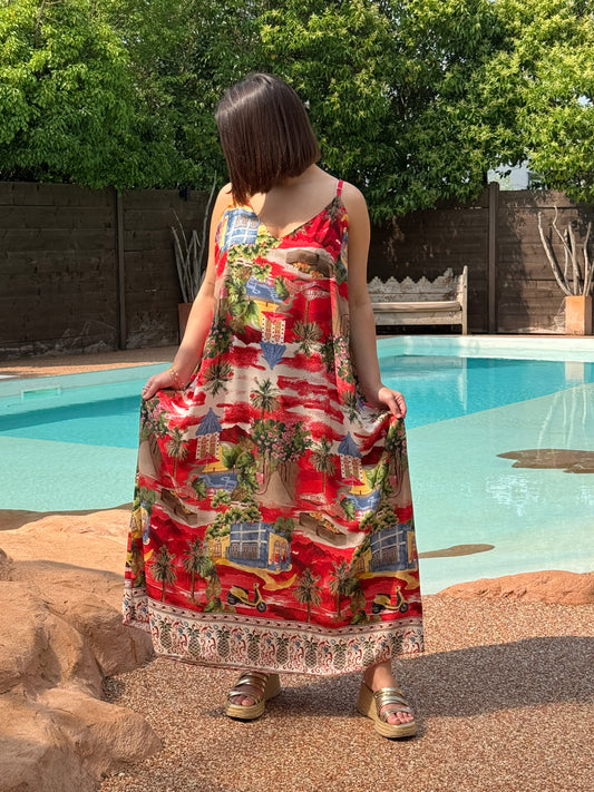 SOLELUNA - ROBE FLUIDE ROUGE A MOTIF JUSQU'A LA TAILLE 54