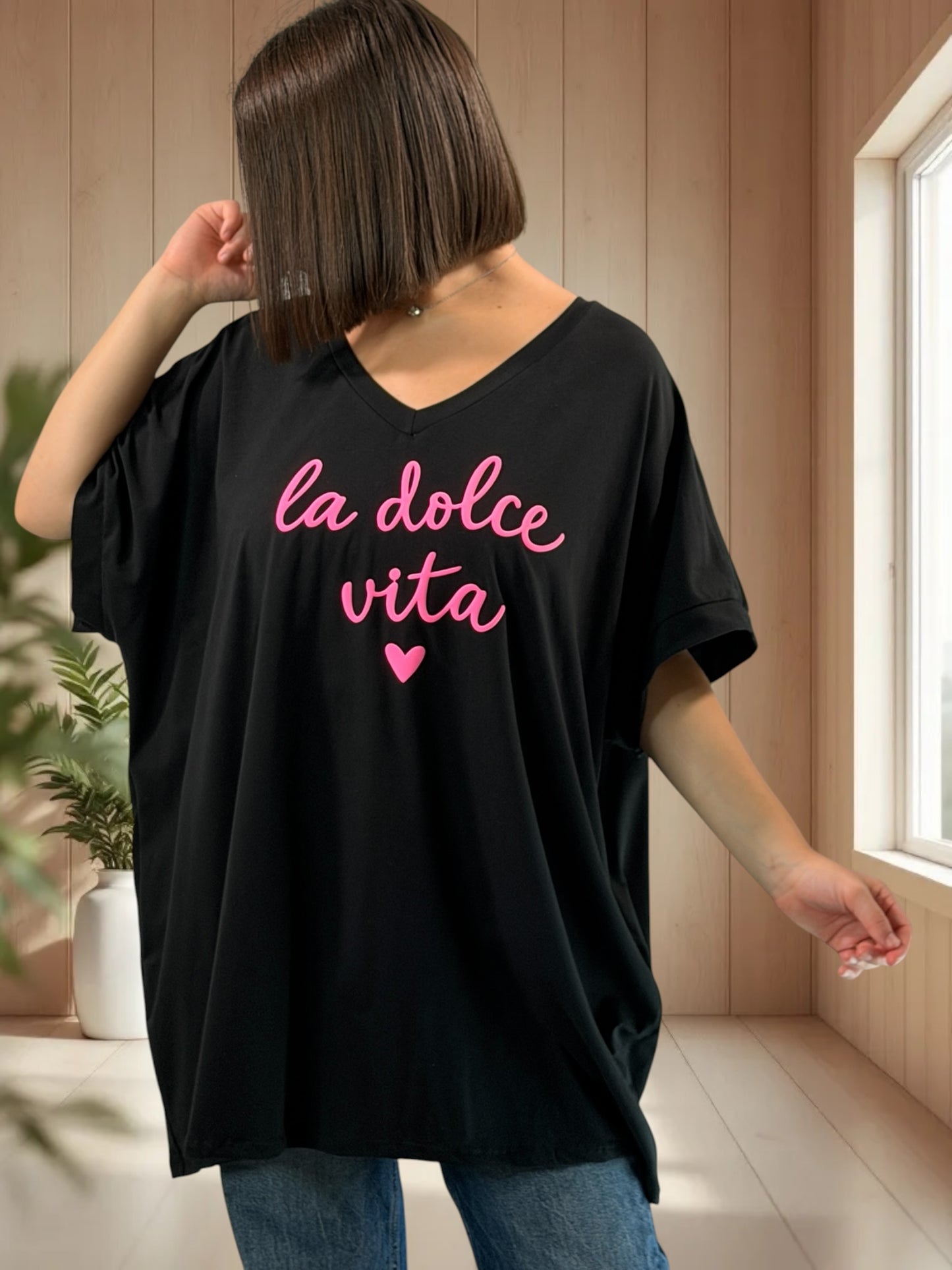 LA DOLCE VITA - T-SHIRT OVERSIZE NOIR JUSQU'A LA TAILLE 46/48 A 56/58