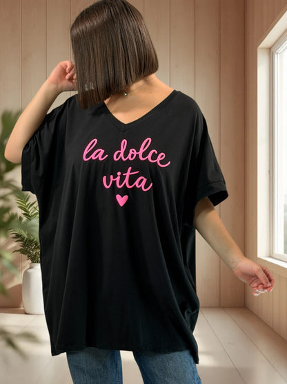 LA DOLCE VITA - T-SHIRT OVERSIZE NOIR JUSQU'A LA TAILLE 46/48 A 56/58