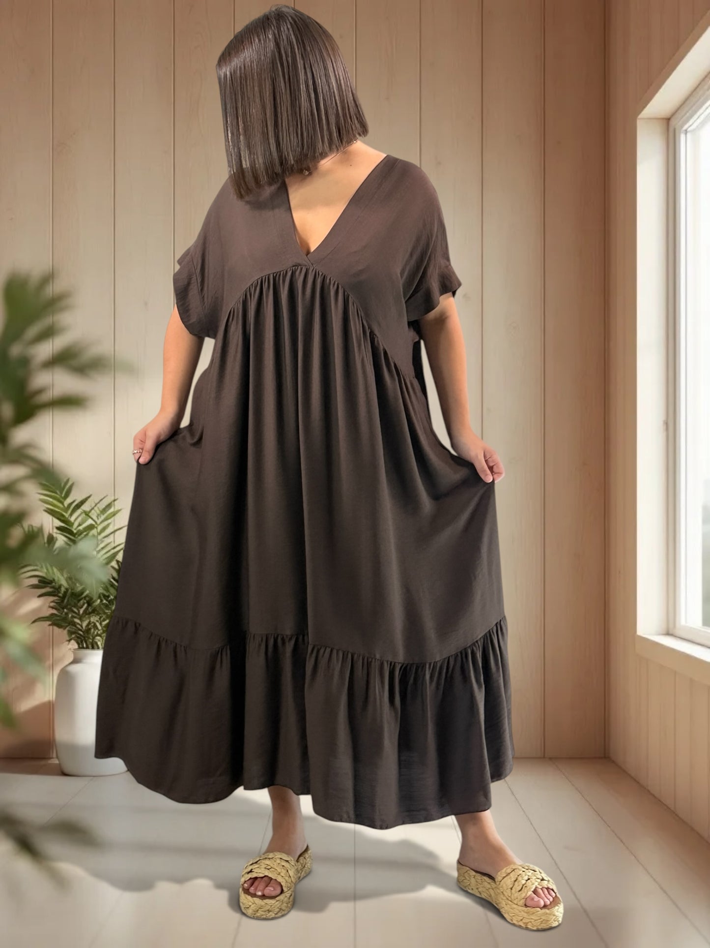 CLOE - ROBE LONGUE MARRON JUSQU'A LA TAILLE 54