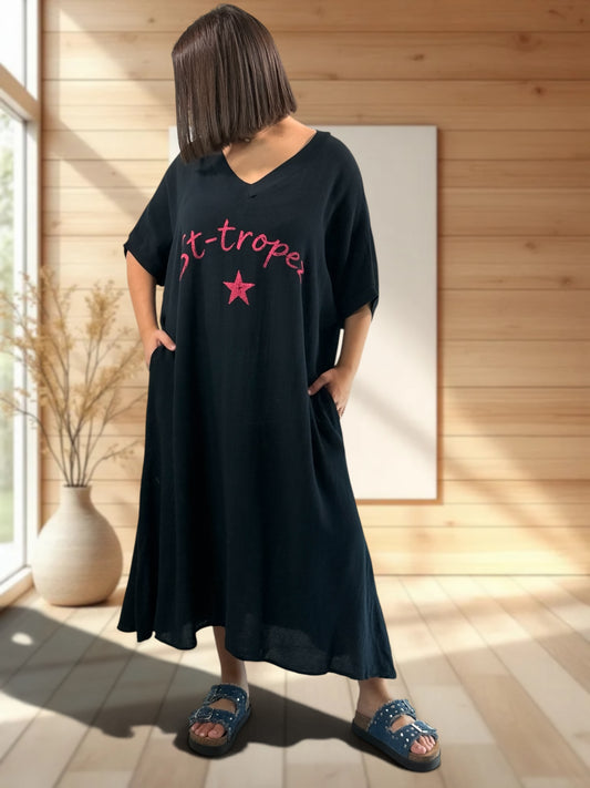PAOLA - ROBE NOIRE EN COTON JUSQU'A LA TAILLE 54