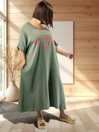 PAOLA - ROBE KAKI EN COTON JUSQU'A LA TAILLE 54
