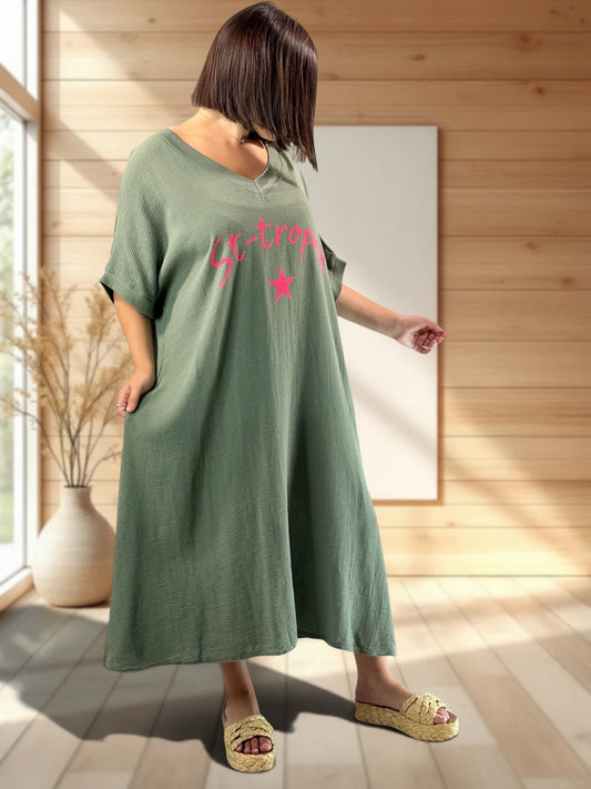 PAOLA - ROBE KAKI EN COTON JUSQU'A LA TAILLE 54