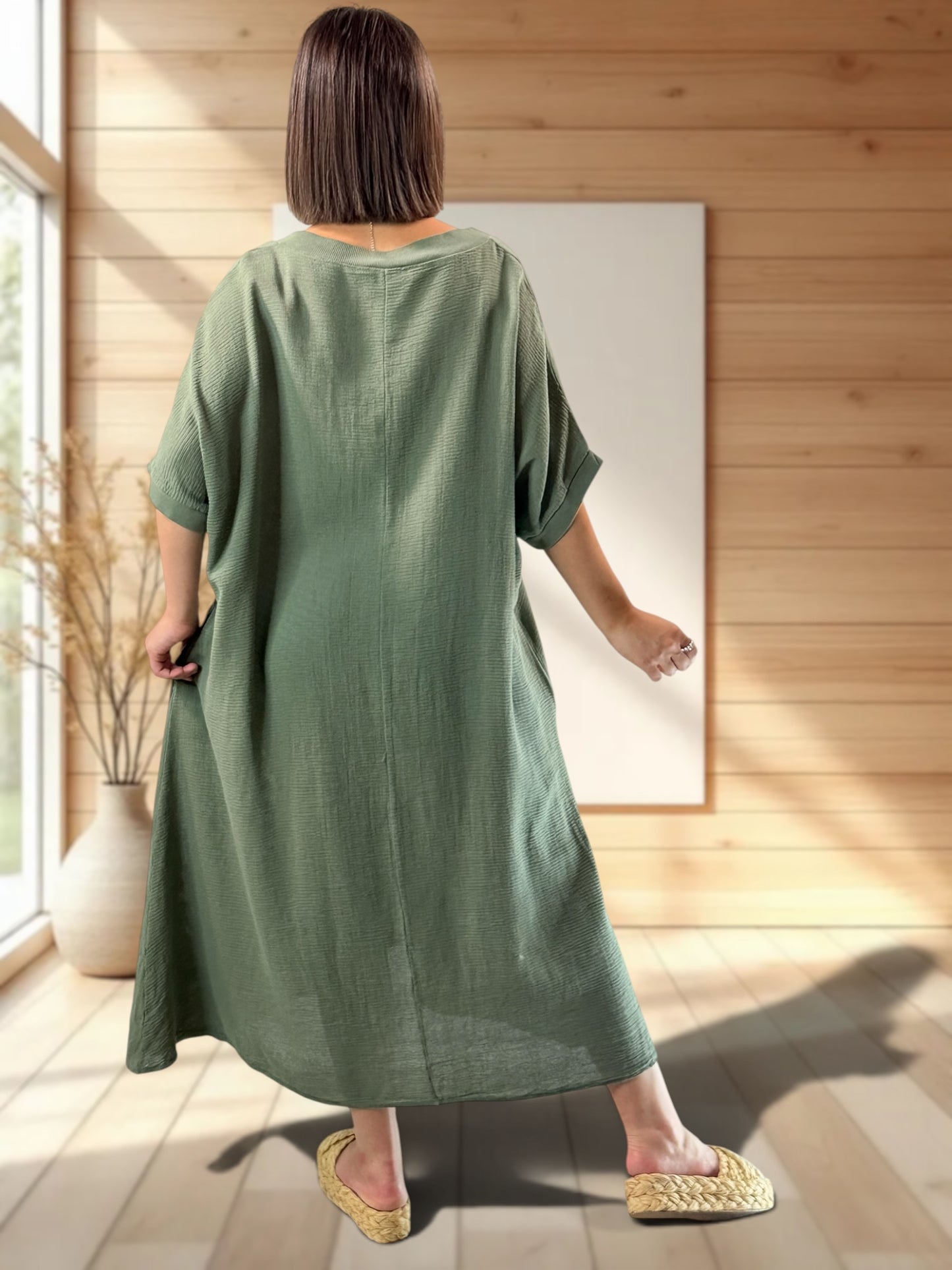 PAOLA - ROBE KAKI EN COTON JUSQU'A LA TAILLE 54