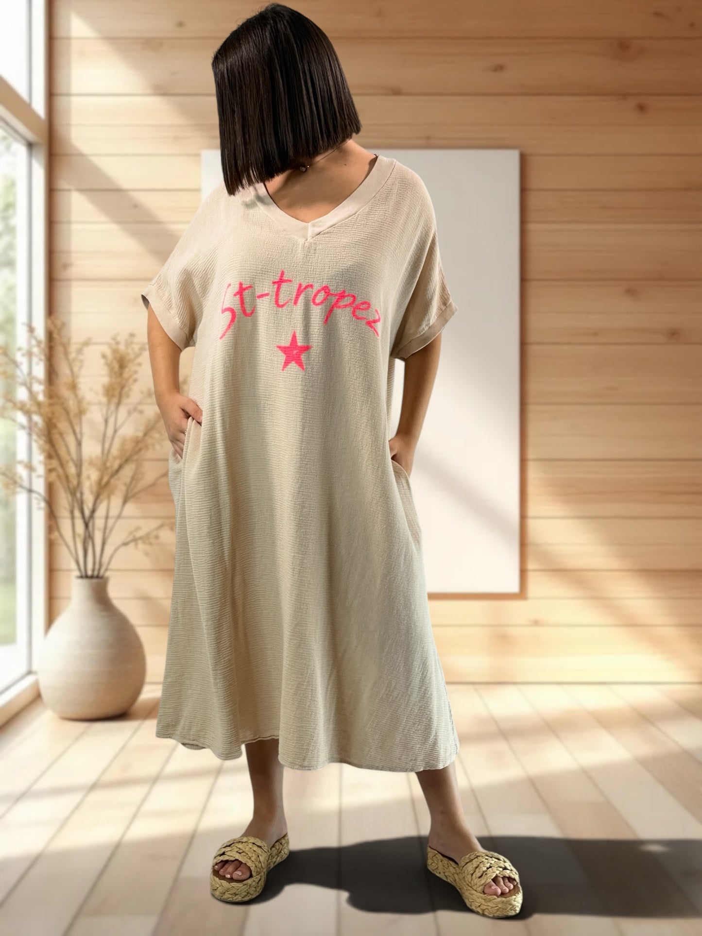 PAOLA - ROBE BEIGE EN COTON JUSQU'A LA TAILLE 54