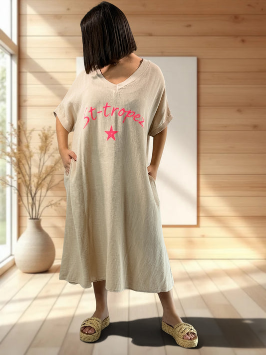 PAOLA - ROBE BEIGE EN COTON JUSQU'A LA TAILLE 54