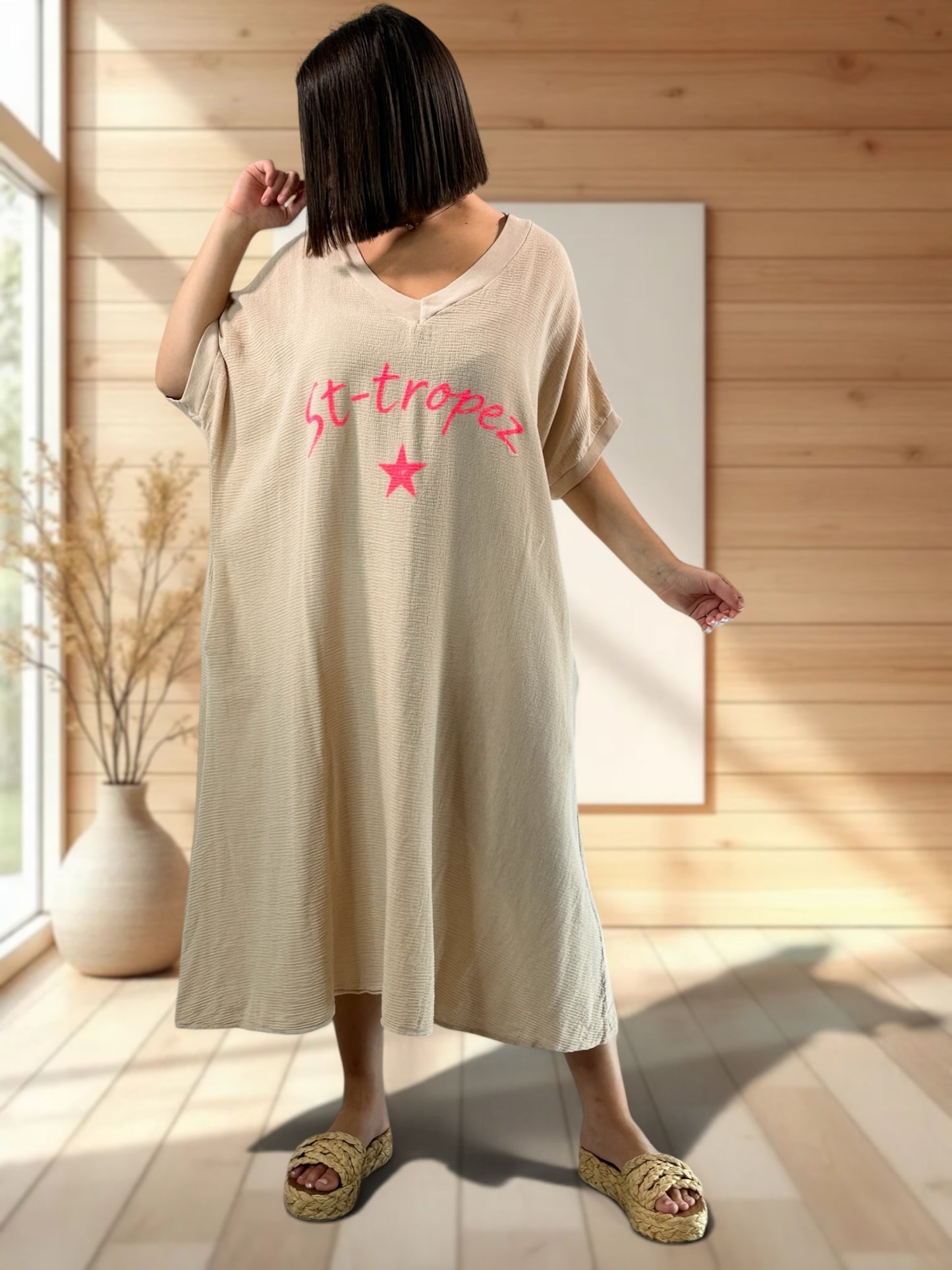 PAOLA - ROBE BEIGE EN COTON JUSQU'A LA TAILLE 54