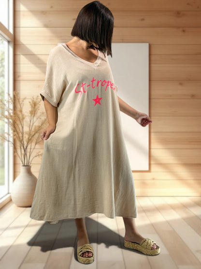 PAOLA - ROBE BEIGE EN COTON JUSQU'A LA TAILLE 54