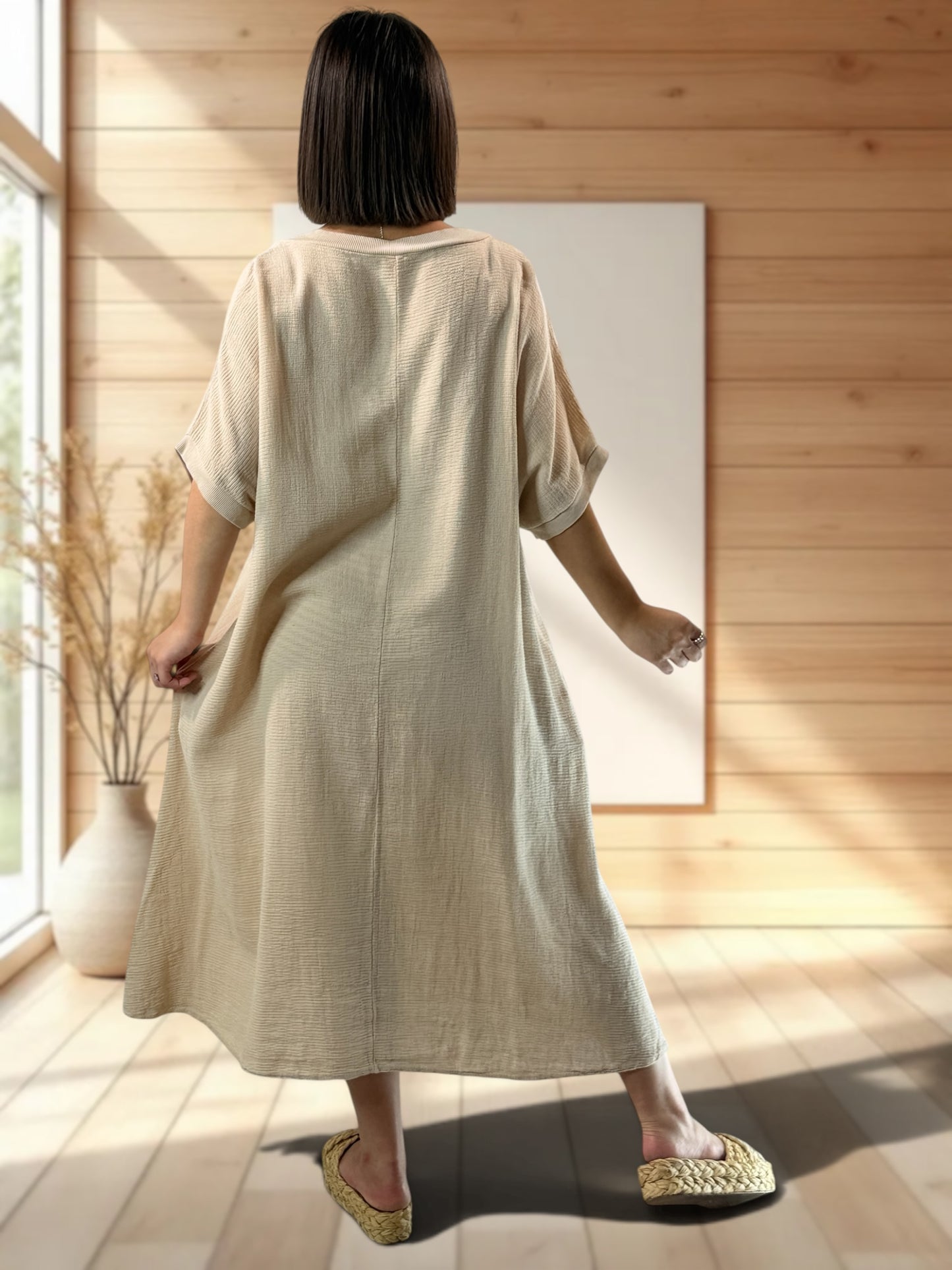 PAOLA - ROBE BEIGE EN COTON JUSQU'A LA TAILLE 54