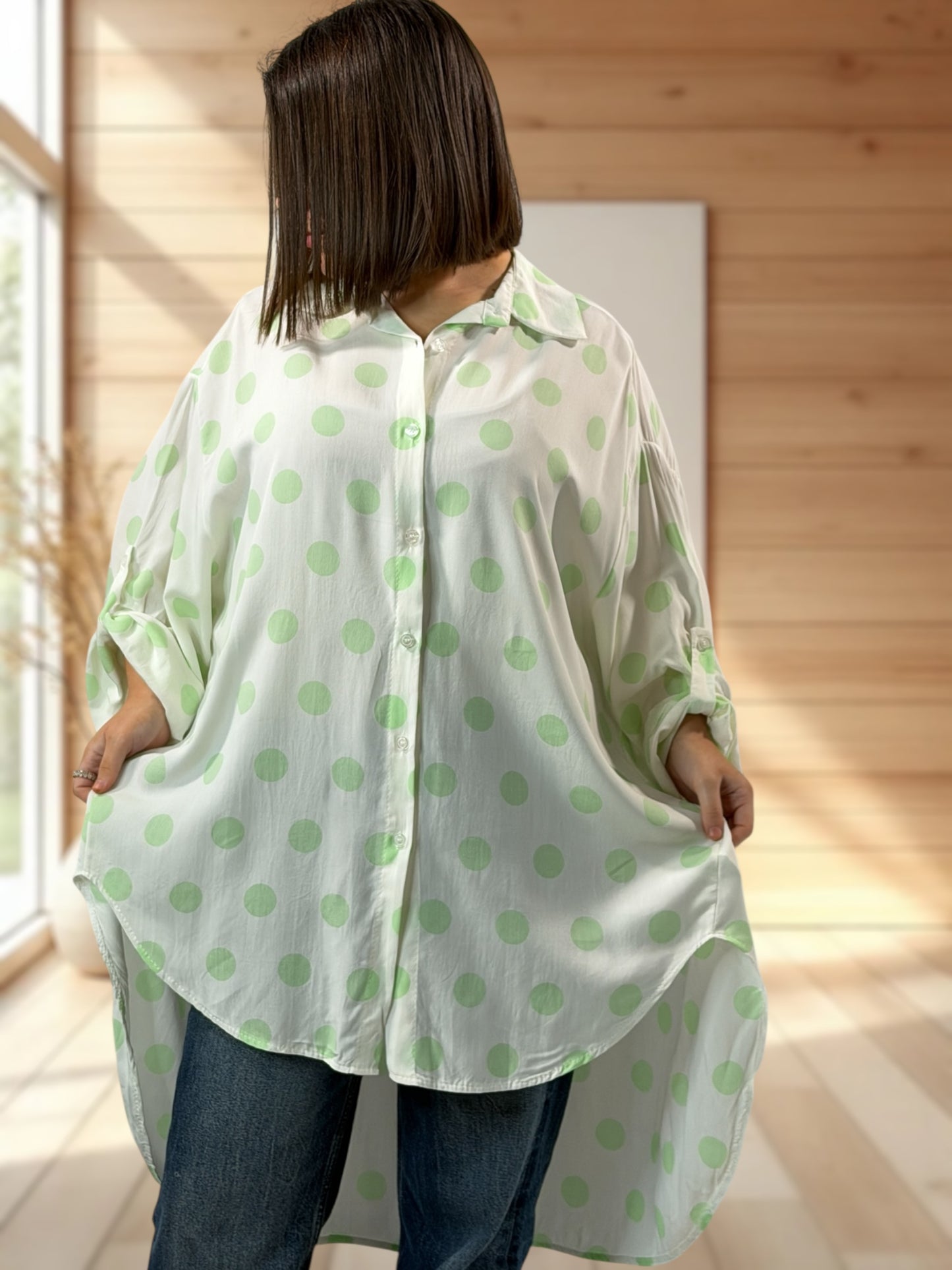 ANGY - CHEMISE OVERSIZE A POIS VERT JUSQU'A LA TAILLE 60