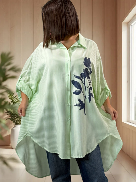 ADRIANA - CHEMISE OVERSIZE VERTE A RAYURE JUSQU'A LA TAILLE 60