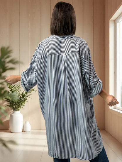 ADRIANA - CHEMISE OVERSIZE MARINE A RAYURE JUSQU'A LA TAILLE 60