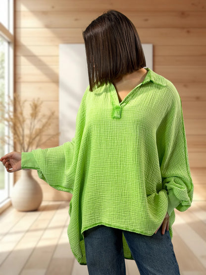 CELINE  - TUNIQUE OVERSIZE VERT ANIS EN GAZE DE COTON JUSQU'A LA TAILLE 56