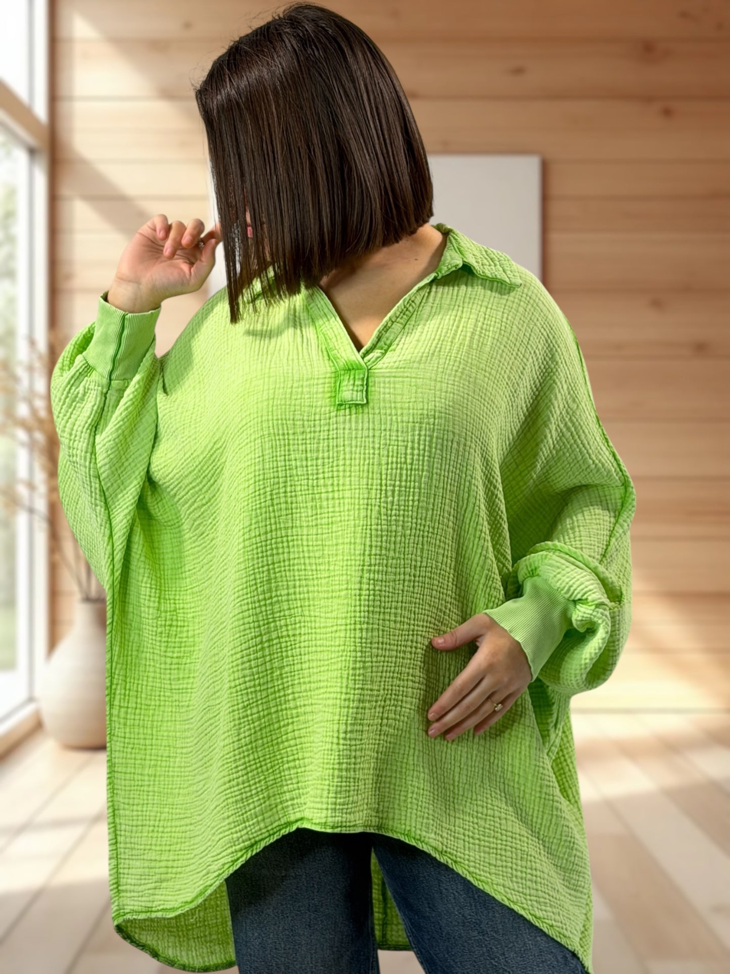 CELINE  - TUNIQUE OVERSIZE VERT ANIS EN GAZE DE COTON JUSQU'A LA TAILLE 56