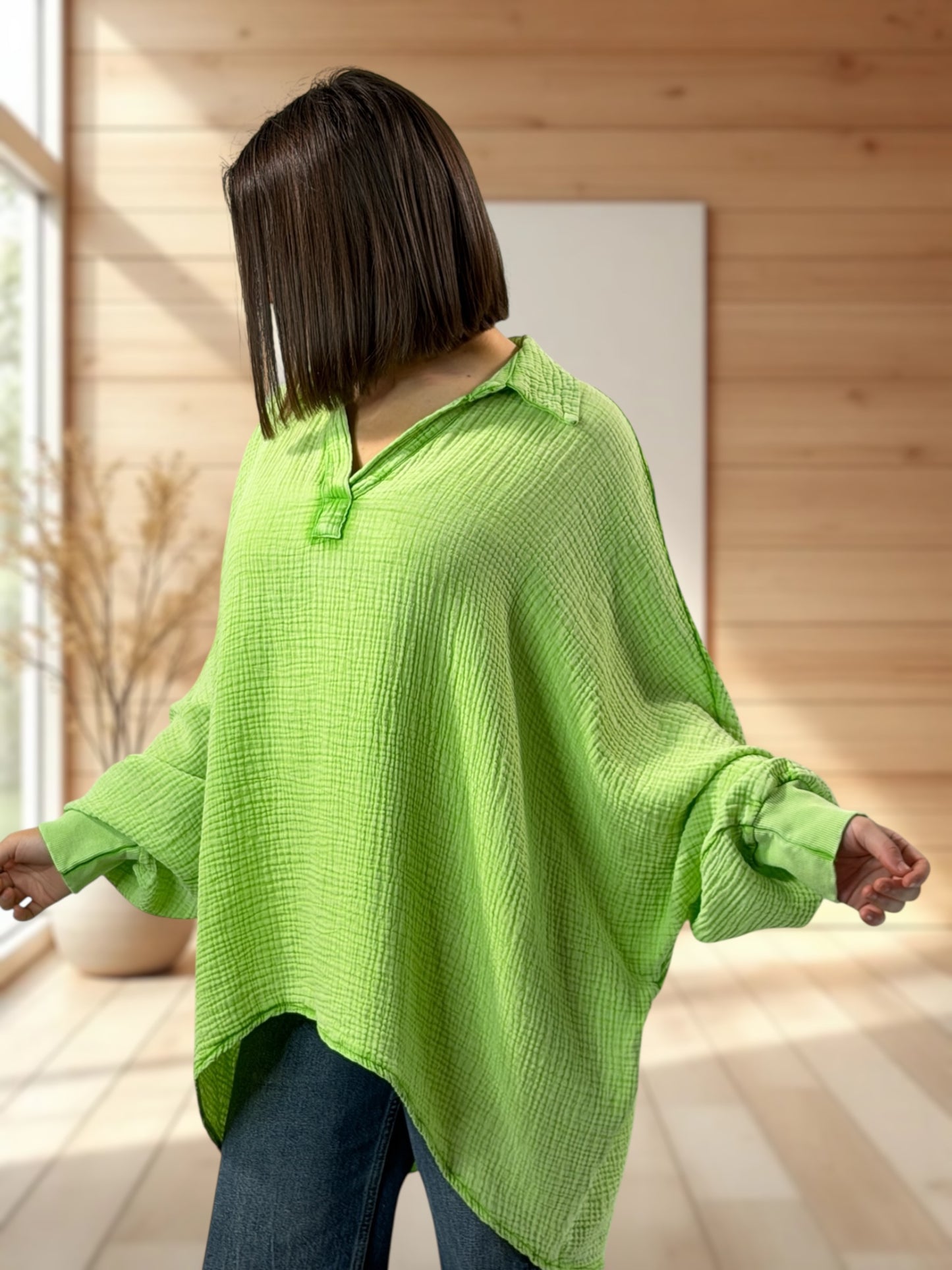 CELINE  - TUNIQUE OVERSIZE VERT ANIS EN GAZE DE COTON JUSQU'A LA TAILLE 56