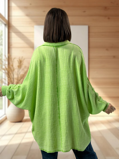 CELINE  - TUNIQUE OVERSIZE VERT ANIS EN GAZE DE COTON JUSQU'A LA TAILLE 56