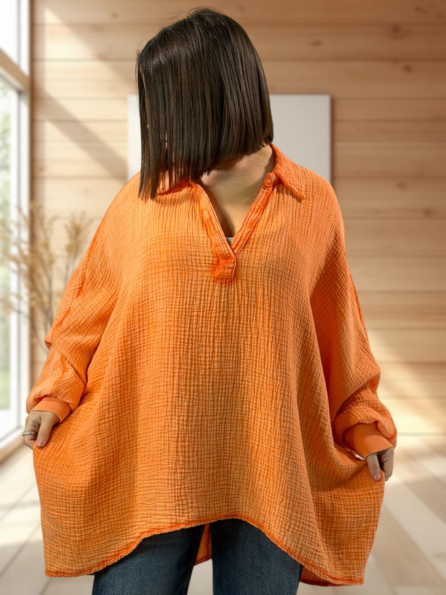 CELINE  - TUNIQUE OVERSIZE ORANGE EN GAZE DE COTON JUSQU'A LA TAILLE 56