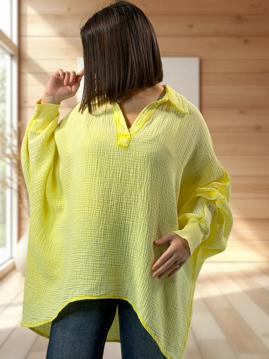 CELINE  - TUNIQUE OVERSIZE JAUNE EN GAZE DE COTON JUSQU'A LA TAILLE 56