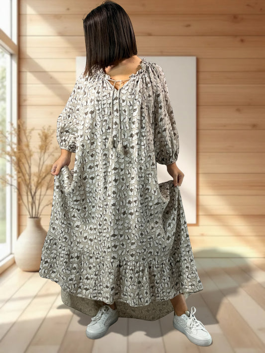 AMBER - ROBE EN GAZE DE COTON MOTIF TAUPE JUSQU'A LA TAILLE 54/56
