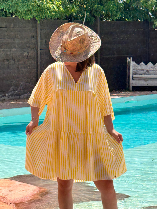 REGINA - ROBE TUNIQUE A RAYURE JAUNE JUSQU'A LA TAILLE 52