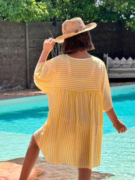 REGINA - ROBE TUNIQUE A RAYURE JAUNE JUSQU'A LA TAILLE 52