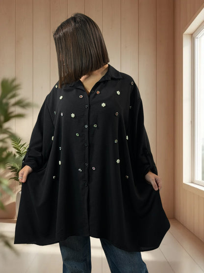 ABIGAIL - CHEMISE OVERSIZE NOIRE AVEC STRASS JUSQU'A LA TAILLE 58/60