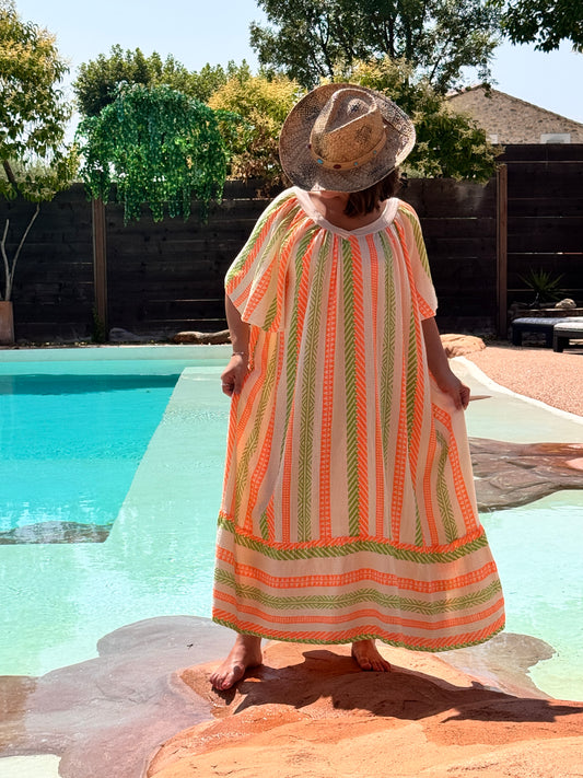 MELINA - ROBE MOTIF VERT ORANGE BOHEME JUSQU'A LA TAILLE 56