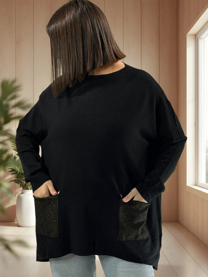 GABBY - PULL NOIR EN MAILLE 2 POCHES JUSQU'A LA TAILLE 54