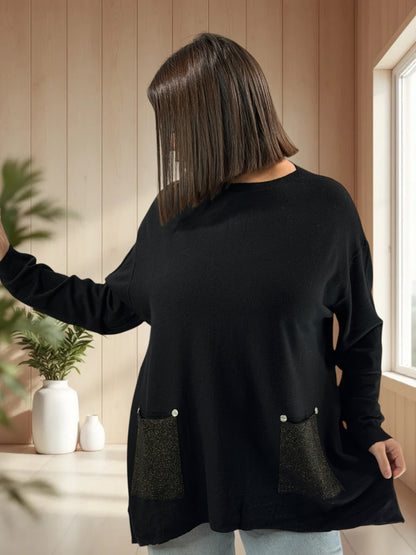 GABBY - PULL NOIR EN MAILLE 2 POCHES JUSQU'A LA TAILLE 54