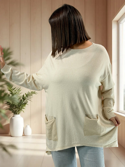 GABBY - PULL BEIGE EN MAILLE 2 POCHES JUSQU'A LA TAILLE 54
