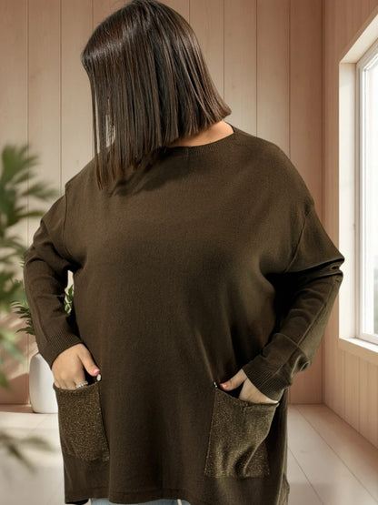 GABBY - PULL MARRON EN MAILLE 2 POCHES JUSQU'A LA TAILLE 54