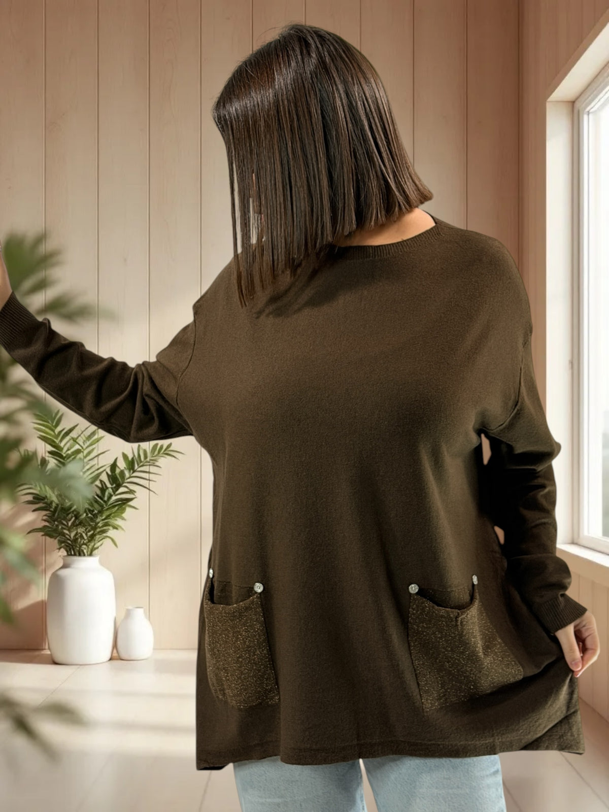 GABBY - PULL MARRON EN MAILLE 2 POCHES JUSQU'A LA TAILLE 54