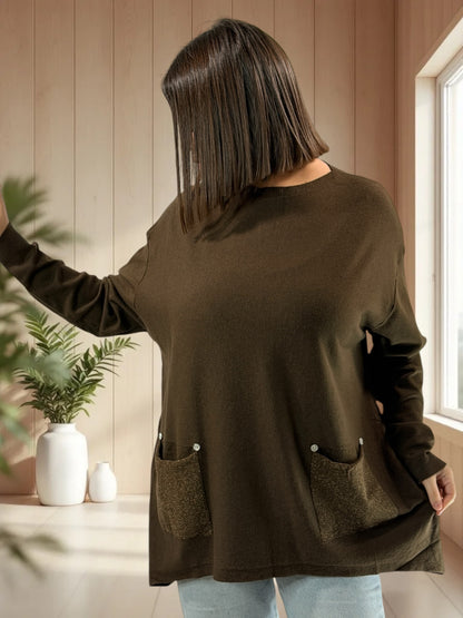 GABBY - PULL MARRON EN MAILLE 2 POCHES JUSQU'A LA TAILLE 54