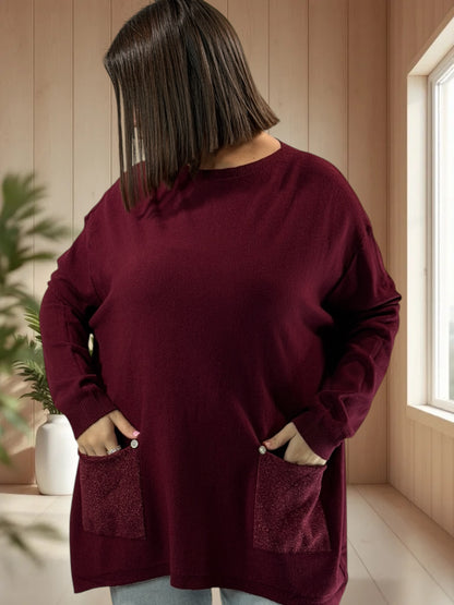 GABBY - PULL BORDEAUX EN MAILLE 2 POCHES JUSQU'A LA TAILLE 54