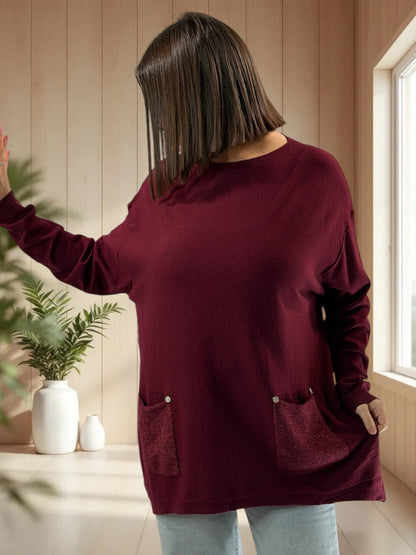 GABBY - PULL BORDEAUX EN MAILLE 2 POCHES JUSQU'A LA TAILLE 54