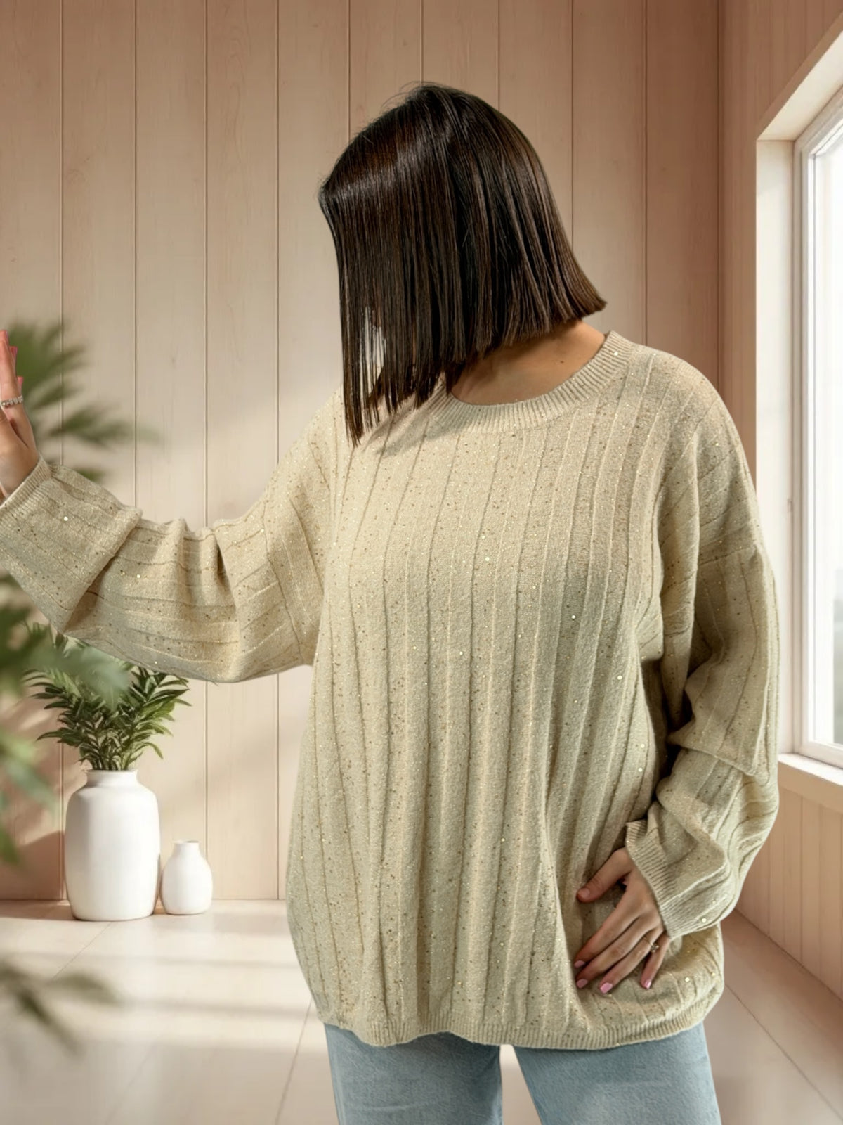 SERENA - PULL OVERSIZE CREME AVEC SEQUINS JUSQU'A LA TAILLE 52/54
