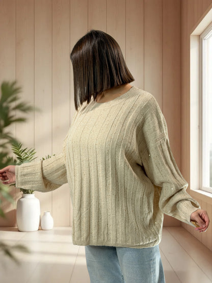 SERENA - PULL OVERSIZE CREME AVEC SEQUINS JUSQU'A LA TAILLE 52/54