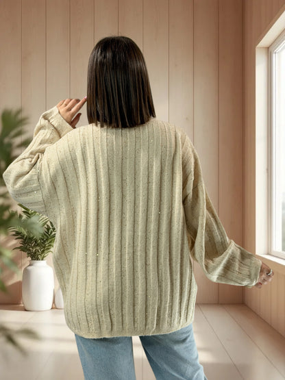 SERENA - PULL OVERSIZE CREME AVEC SEQUINS JUSQU'A LA TAILLE 52/54