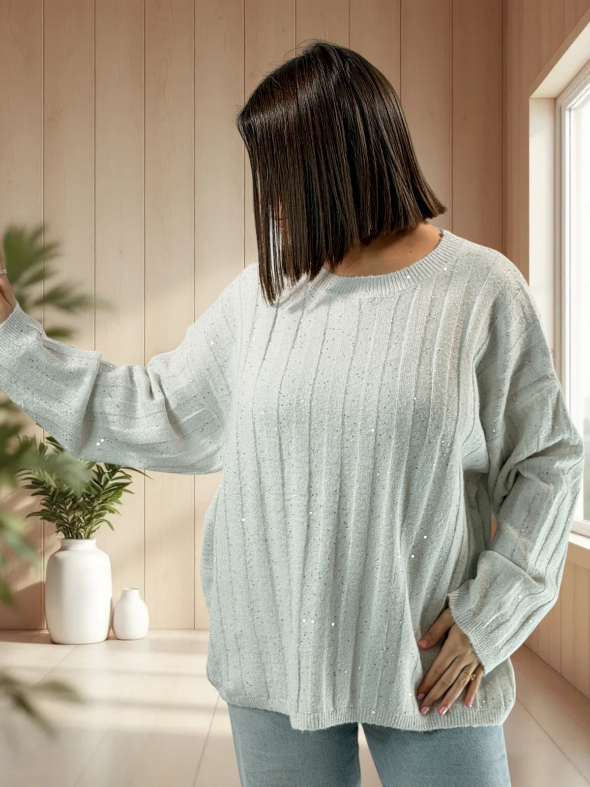 SERENA - PULL OVERSIZE BLANC AVEC SEQUINS JUSQU'A LA TAILLE 52/54