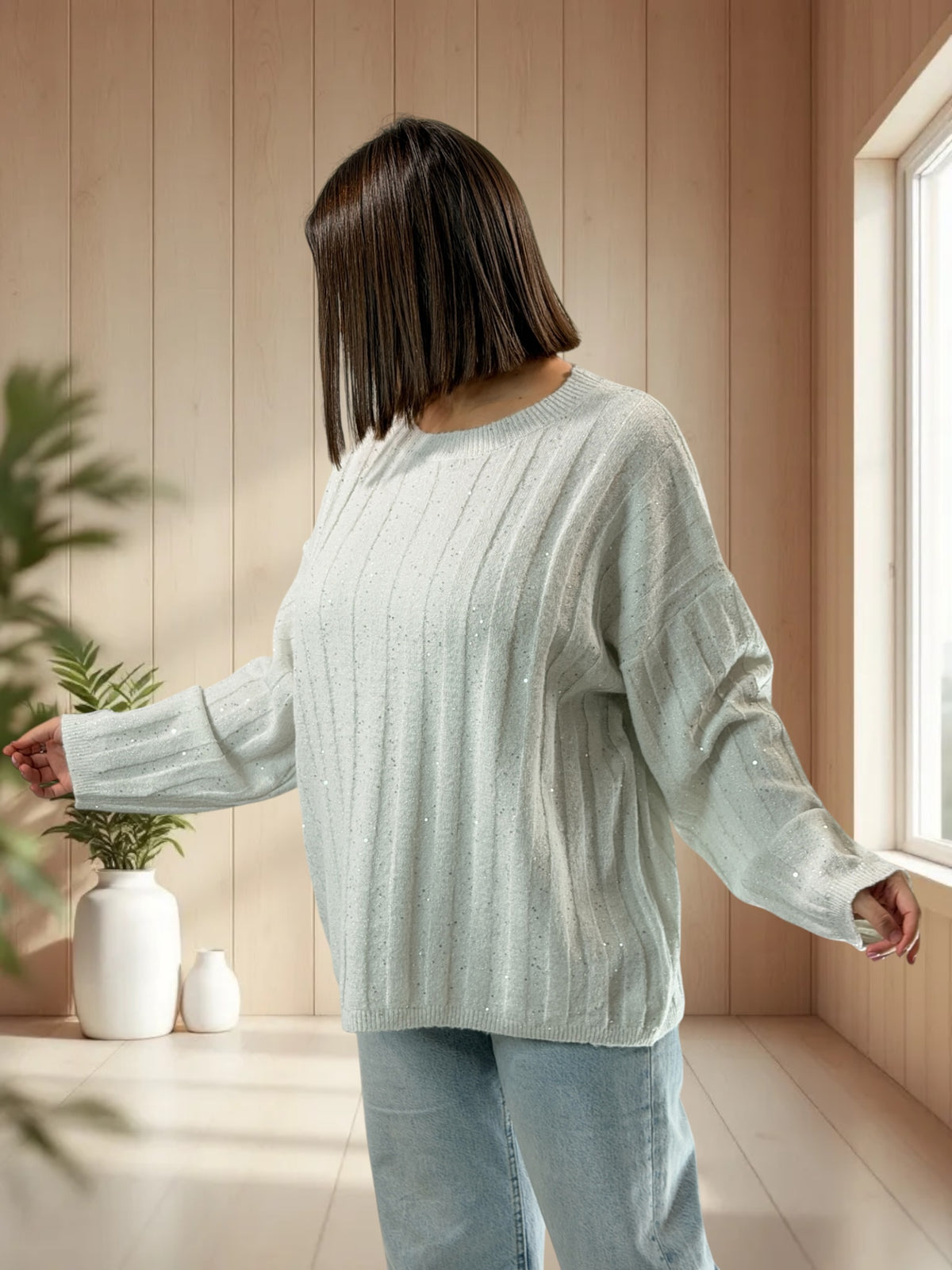 SERENA - PULL OVERSIZE BLANC AVEC SEQUINS JUSQU'A LA TAILLE 52/54