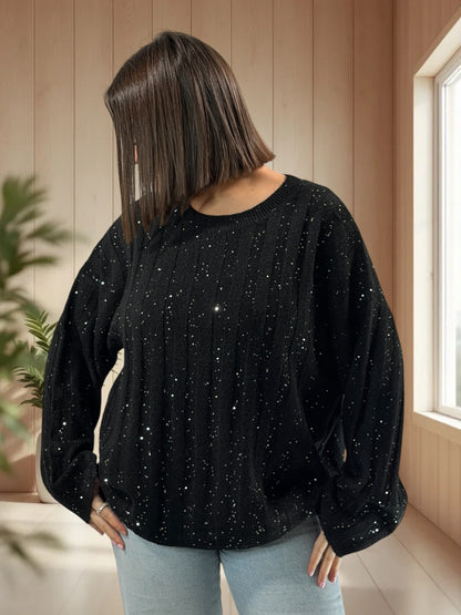 SERENA - PULL OVERSIZE NOIR AVEC SEQUINS JUSQU'A LA TAILLE 52/54