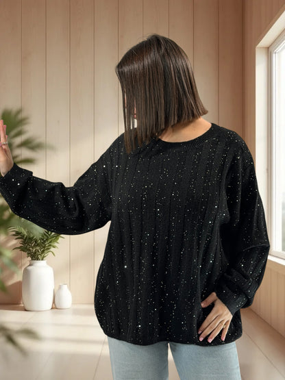 SERENA - PULL OVERSIZE NOIR AVEC SEQUINS JUSQU'A LA TAILLE 52/54